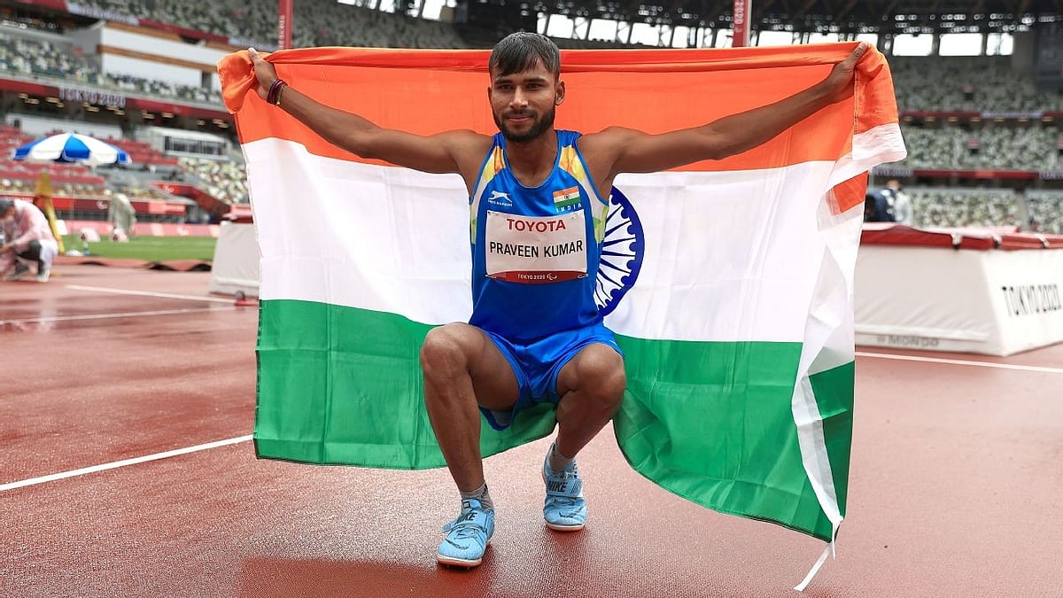 Photo: X | Tanuj Singh : Indian para-athlete Praveen Kumar wins gold medal in men's high jump T64 at Paris Paralympics 2024.